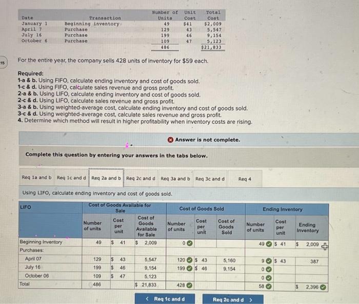 Using FIFO, calculate ending inventory and cost of goods sold. 1-c \&
