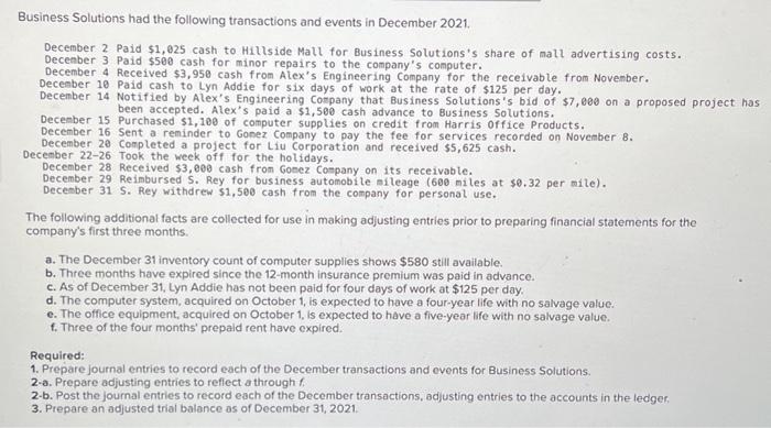 of the December transactions and events for Business Solutions. 2a) Prepare adjusting