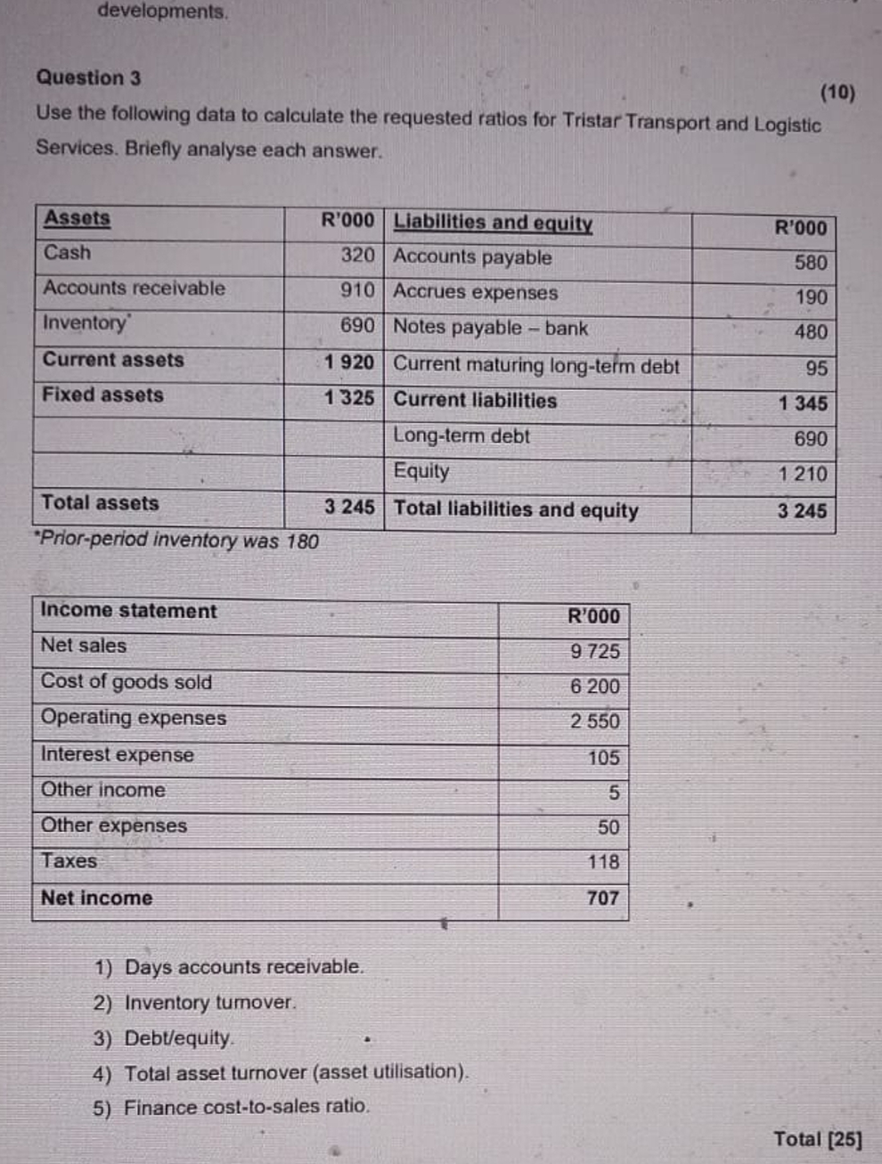  developments. Question 3 (10) Use the following data to calculate the