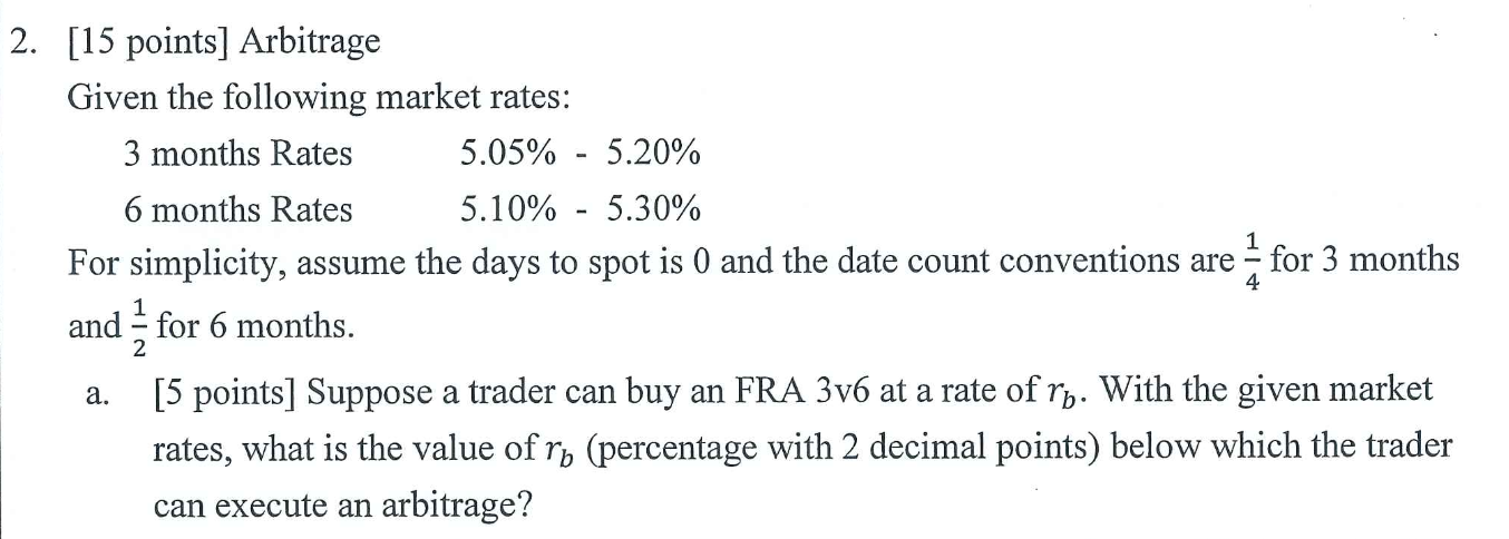 2. [15 points] Arbitrage Given the following market rates: 5.05% - 5.20%