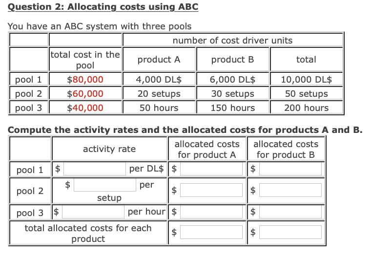  Question 2: Allocating costs using ABC You have an ABC system