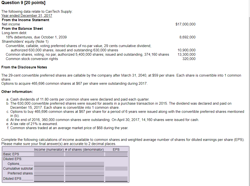 Calculations please Question 9 [20 points] $17,000,000 The following data relate to