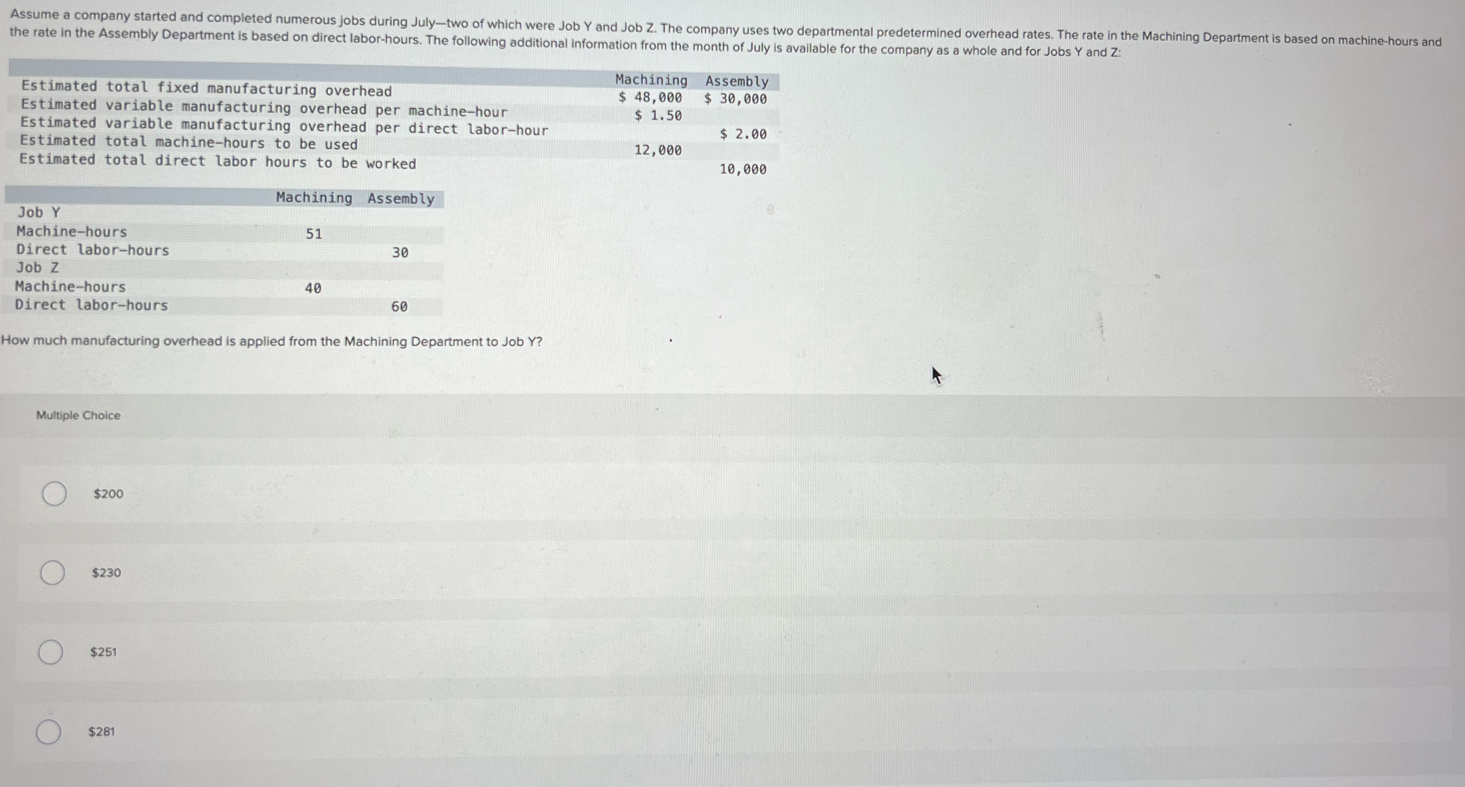  \table[[Estimated total fixed manufacturing overhead,Machining,Assembly],[Estimated variable manufacturing overhead per machine-hour,$48,000,$30,000 