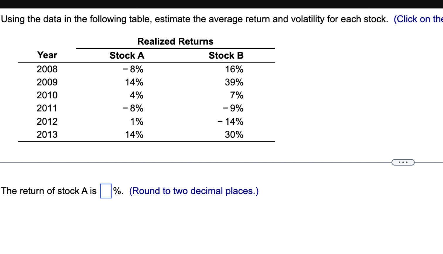 Using the data in the following table, estimate the average return and