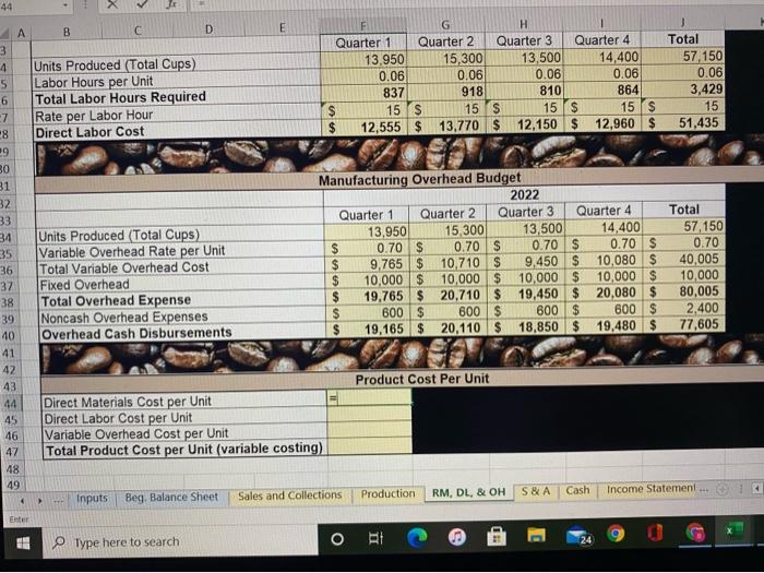 I need the Product cost per unit Fields filled out. Please include
