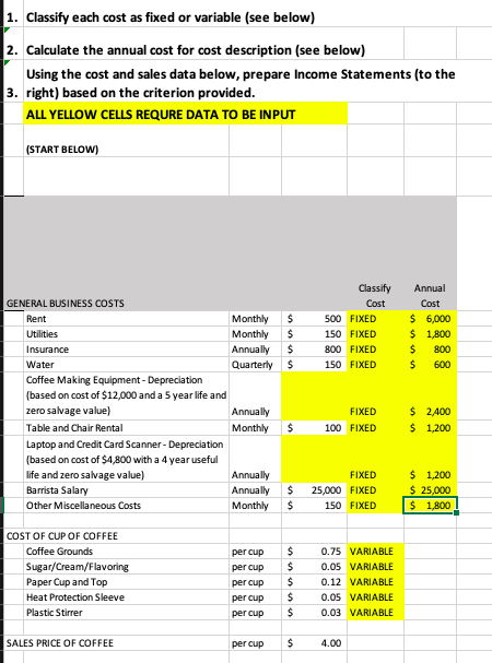 1. Classify each cost as fixed or variable (see below) 2.