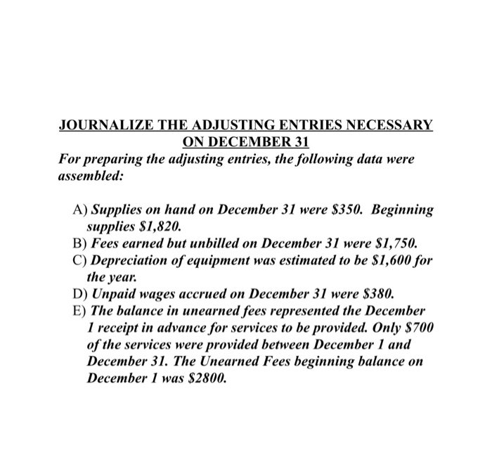  JOURNALIZE THE ADJUSTING ENTRIES NECESSARY ON DECEMBER 31 For preparing the