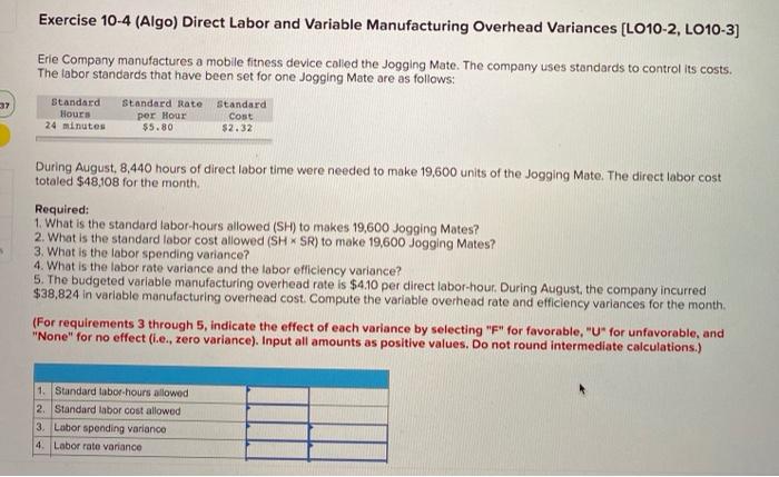  Exercise 10-4 (Algo) Direct Labor and Variable Manufacturing Overhead Variances (L010-2,