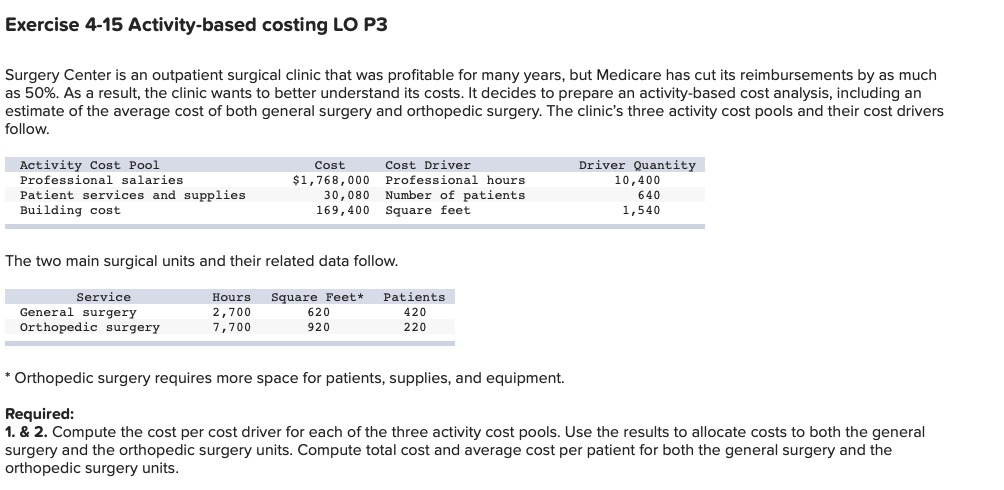 Exercise 4-15 Activity-based costing LO P3 Surgery Center is an outpatient