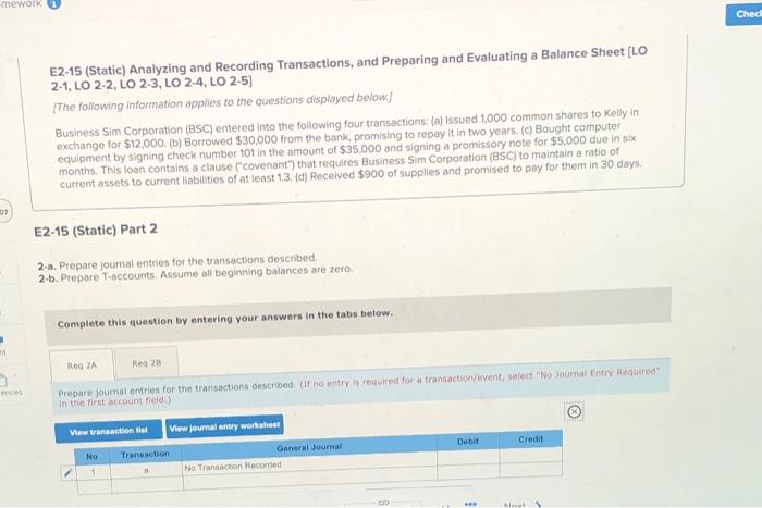  -mework Ched E2-15 (Static) Analyzing and Recording Transactions, and Preparing and