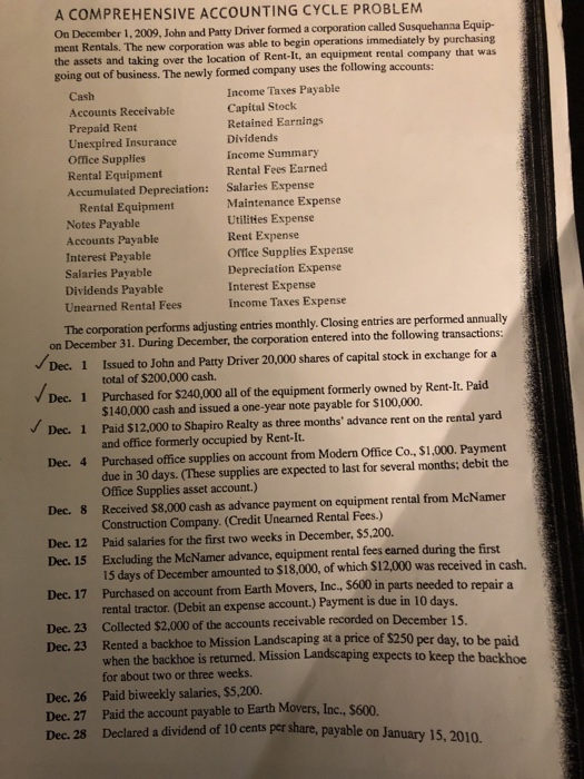  QUESTION B ONLY A COMPREHENSIVE ACCOUNTING CYCLE PROBLEM On December 1,2009,