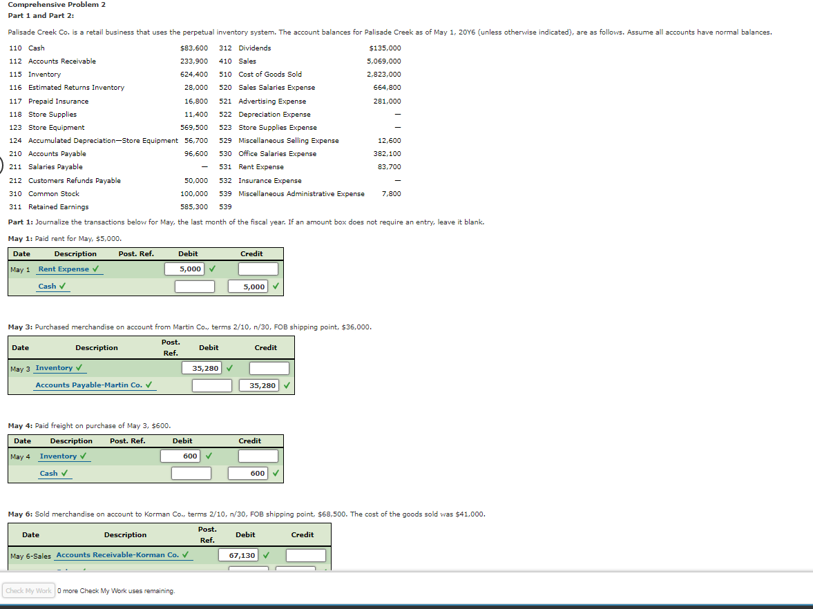  Comprehensive Problem 2 Part 1 and Part 2: Palisade Creek Co.