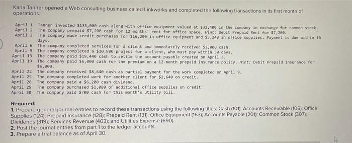 Karla Tanner opened a Web consulting business called Linkworks completed the foliowing