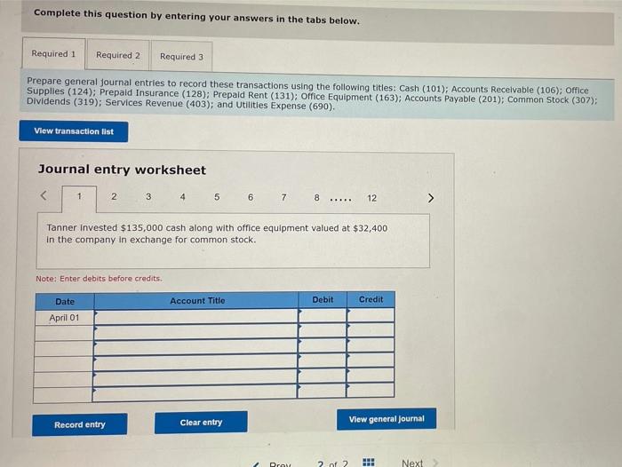 trans,rtions operatione 2 April 9 13 April 29 Required: S135, cash 12