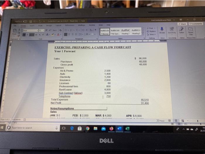  EXERCISE: PREPARING A CASH FLOW FORECAST Year 1 Forecast Sales $96,000