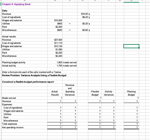  Chapter 9: Applying Excel Data Revenue $16.50 q Cost of ingredients