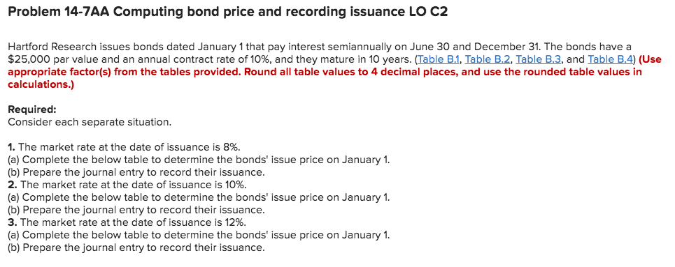 Problem 14-7AA Computing bond price and recording issuance LO C2 Hartford
