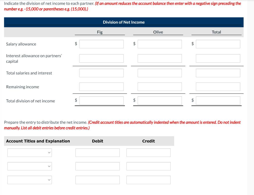 reports net income of $25,200. Interest allowances are Fig $4,200 and Olive