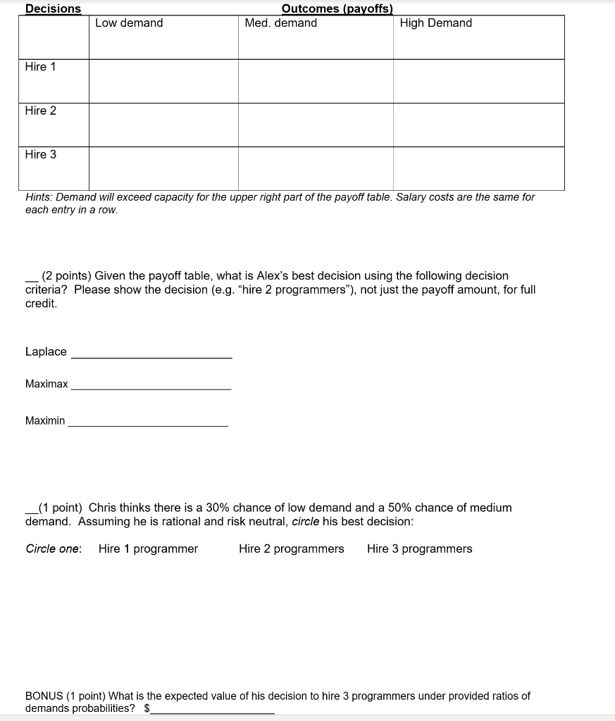 consultancy with some college graduates. He is deciding between hiring 1, 2