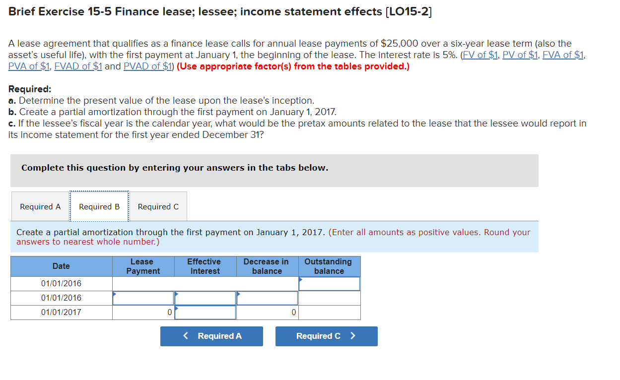 lease agreement that qualifies as a finance lease calls for annual lease