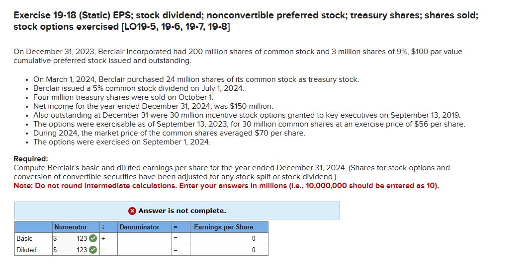  Exercise 19-18(Static) EPS; stock dividend; nonconvertible preferred stock; treasury shares; shares
