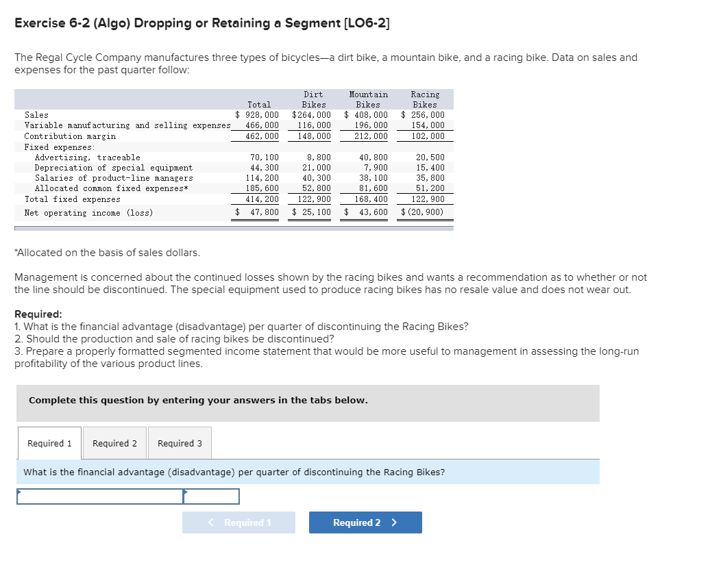  Exercise 6-2 (Algo) Dropping or Retaining a Segment (LO6-2] The Regal