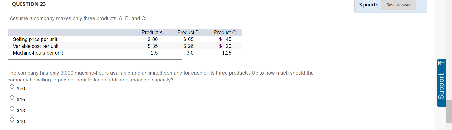 QUESTION 23 3 points Save Answer Assume a company makes only