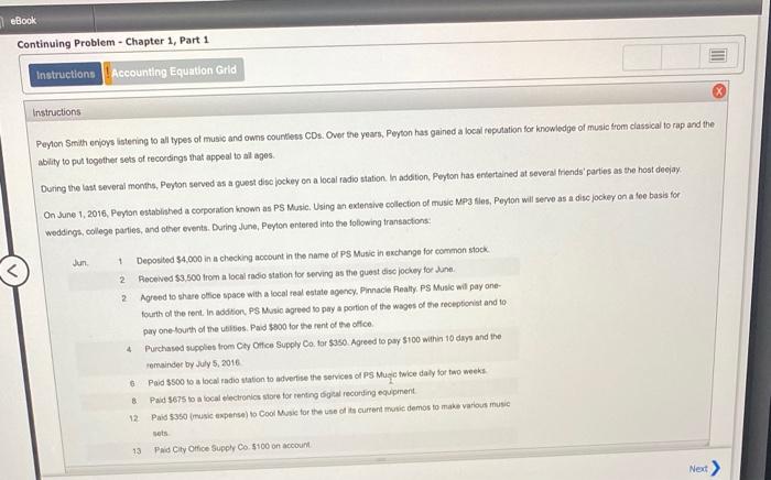  eBook Continuing Problem - Chapter 1, Part 1 Instructions Accounting Equation