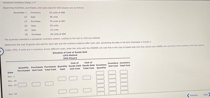  Perpetual inventory Using LIFO Beginning inventory, purchases, and sales data for