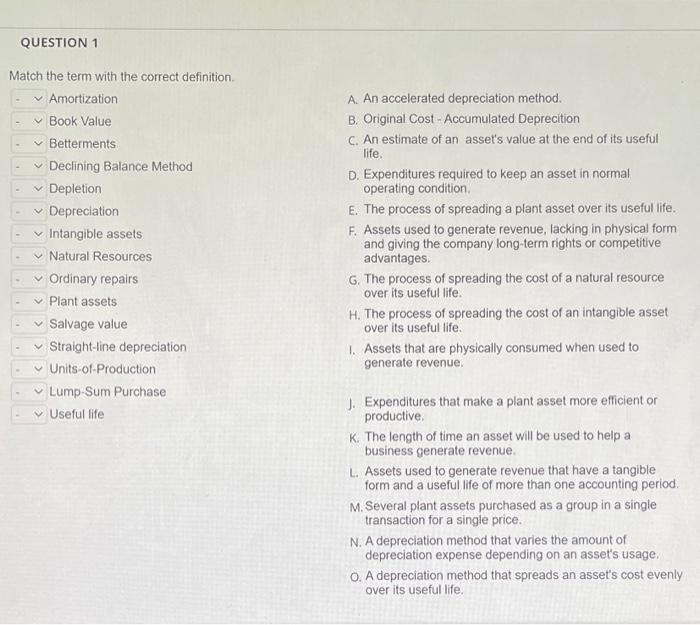  QUESTION 1 Match the term with the correct definition Amortization Book