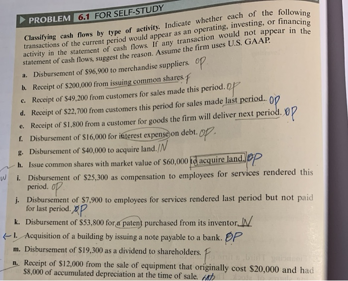 would like know why answer for n. is Investing, not operations. Classifying