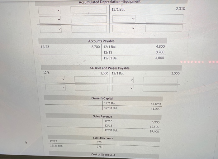 the order of journal entries presented above.) 12/1 Bal 12/8 12/10 Cash