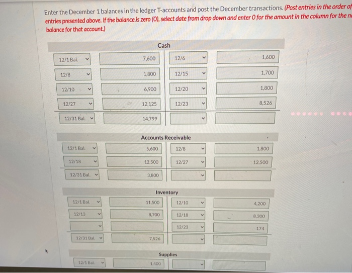 12/27 3,800 1,800 12,500 12/31 Bal. 12/1 Bal. 12/13 Inventory 11,500 12/10