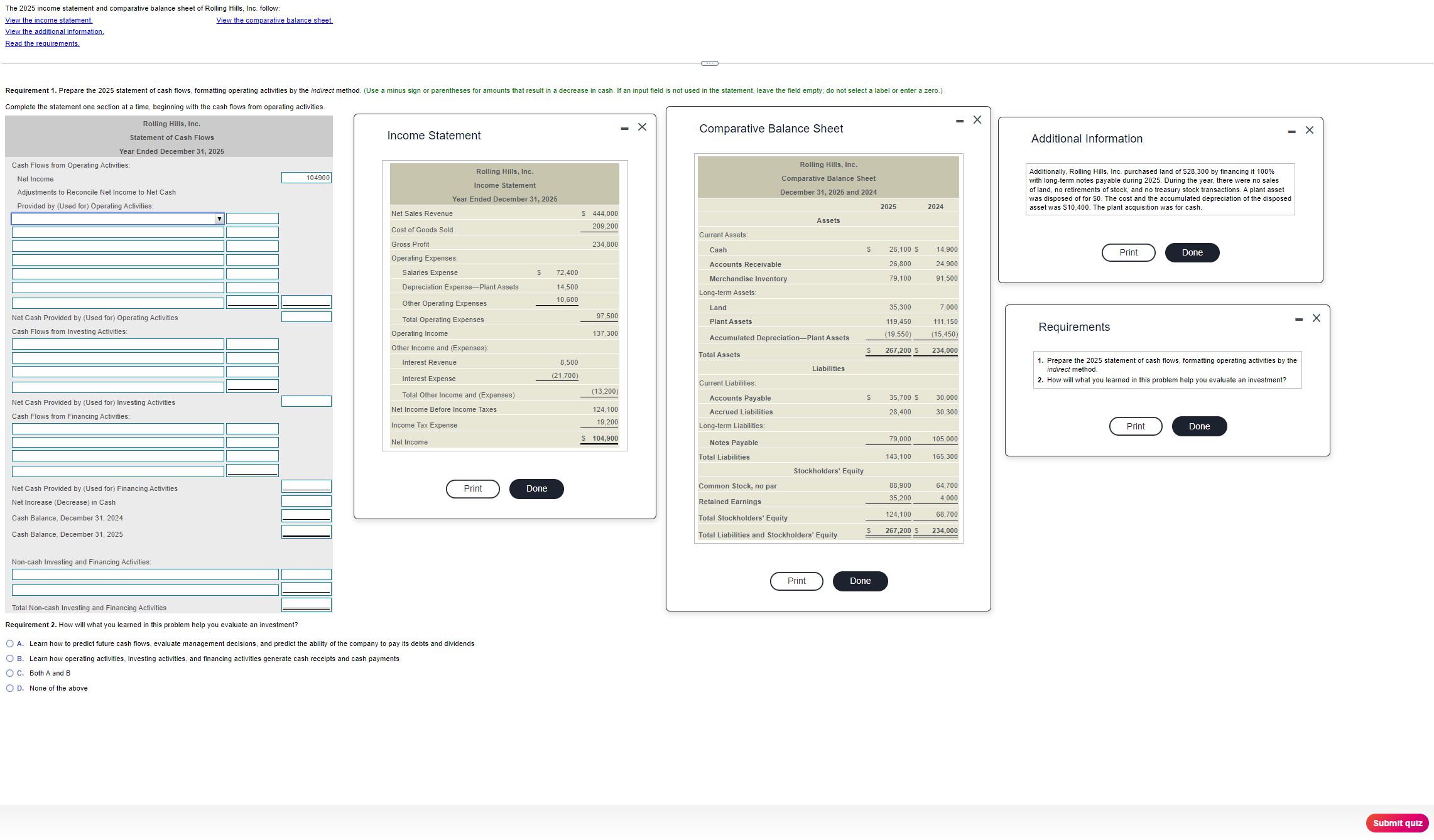  Read the requirements. Prepare the 2025 statement of cash flows, formatting