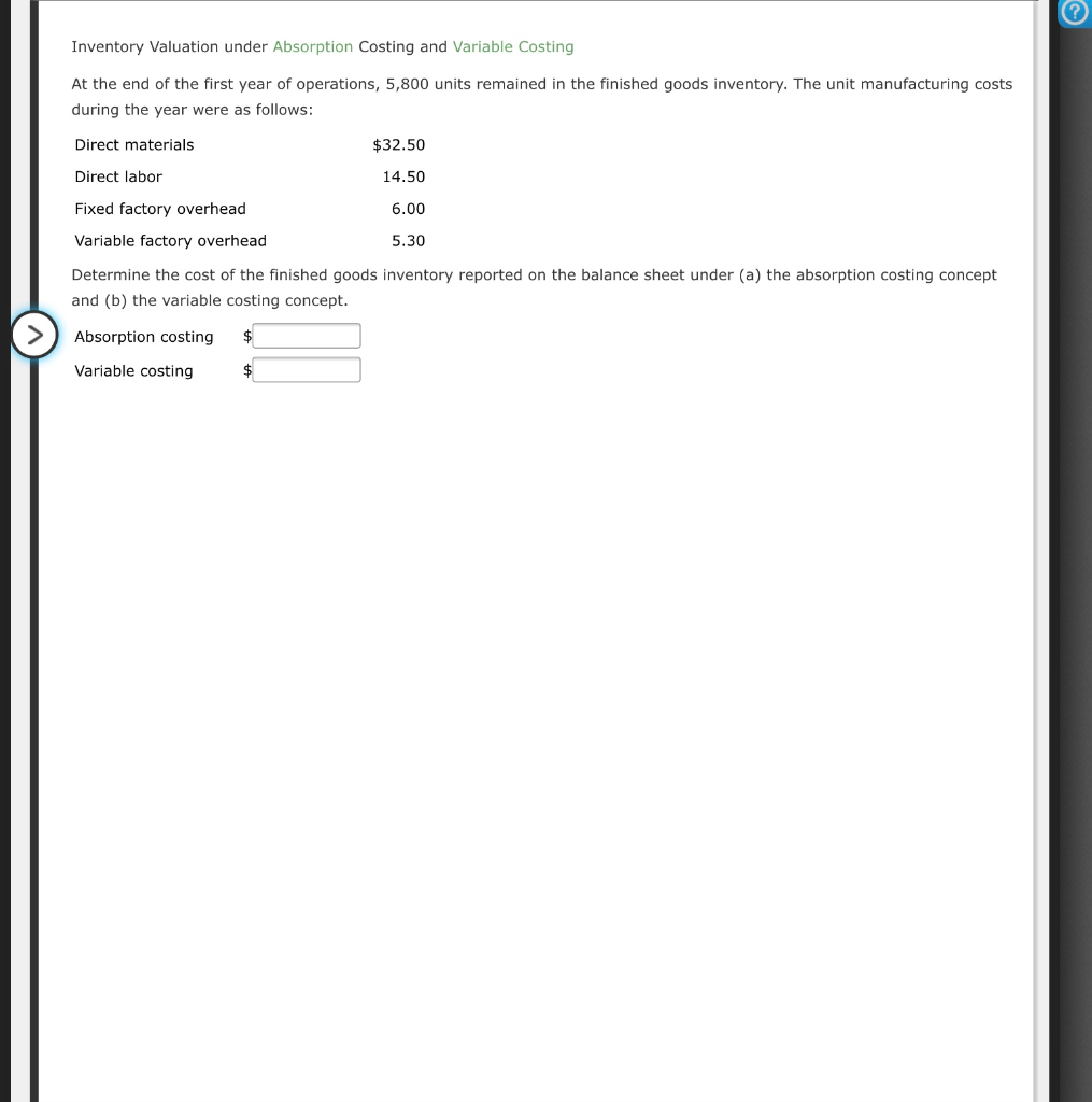 Inventory Valuation under Absorption Costing and Variable Costing At the end