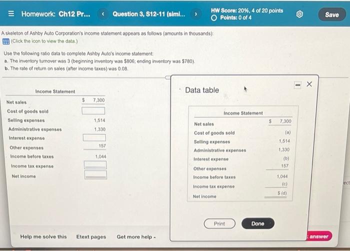  Homework: Ch12 Pr... Question 3, S12-11 (simi... > HW Score: 20%,