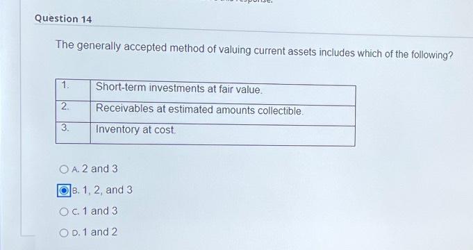  Question 14 The generally accepted method of valuing current assets includes