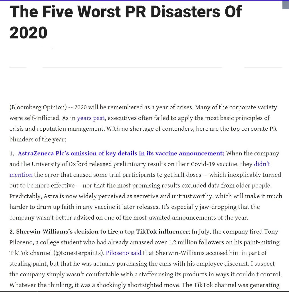 Select one public relations crisis from the article below and research it