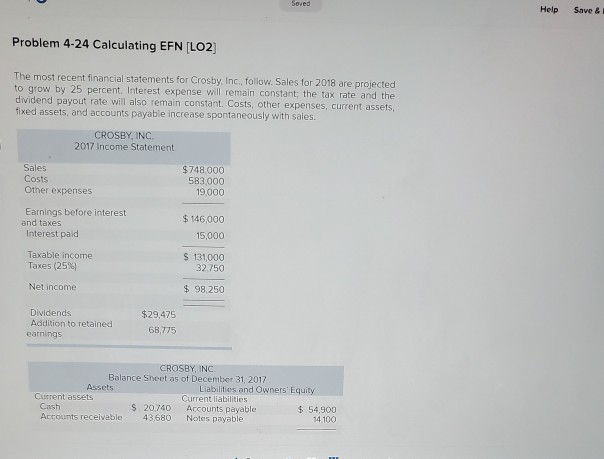  Saved Help Save & Problem 4-24 Calculating EFN [LO2 The most