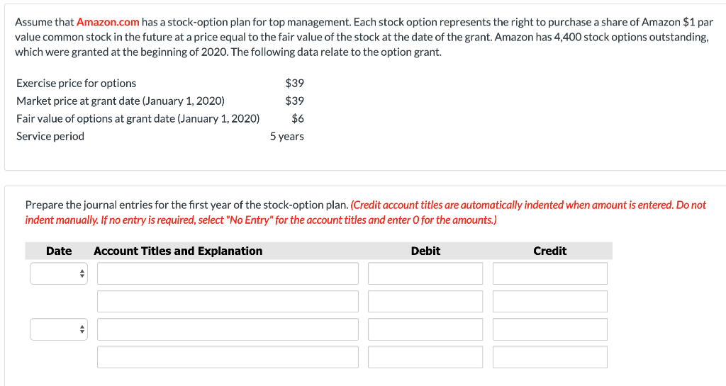 ch. 16.1 #3 Assume that Amazon.com has a stock-option plan for top
