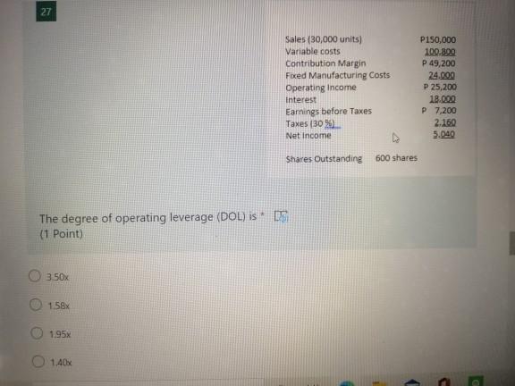 Operating Income Interest Earnings before Taxes Taxes (30%) Net Income P150,000 109.800