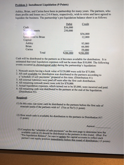  Brian Problem 2: Installment Liquidation (9 Points) Ashley, Brian, and Carina