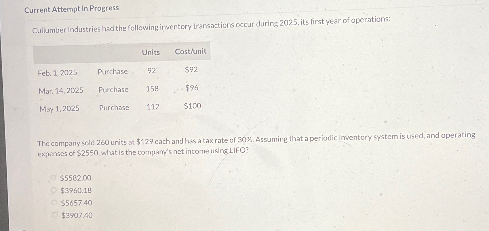  Current Attempt in Progress Cullumber Industries had the following inventory transactions