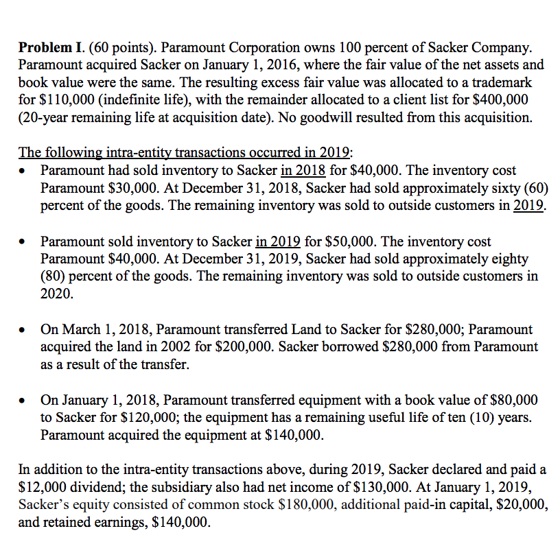 please answer fully Problem I. (60 points). Paramount Corporation owns 100 percent
