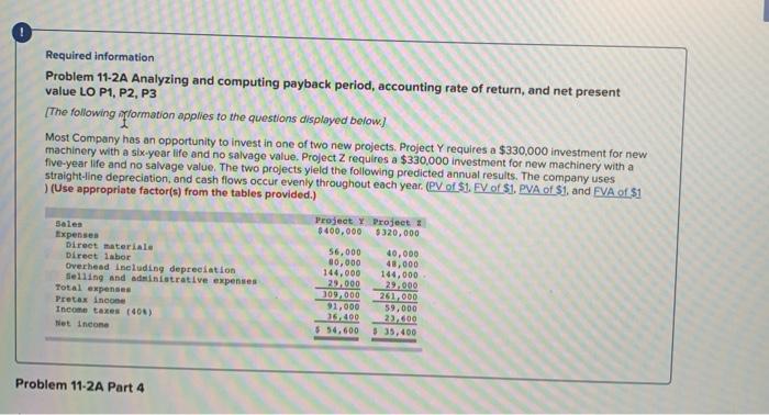  Required information Problem 11-2A Analyzing and computing payback period, accounting rate