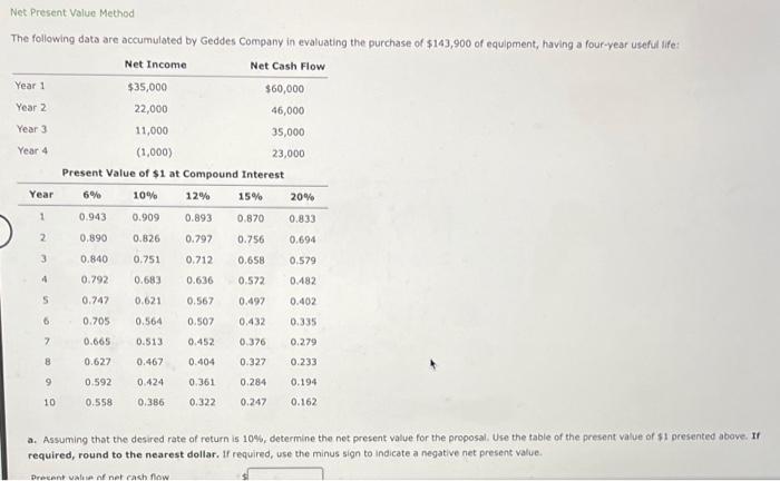  Net Present Value Method The following data are accumulated by Geddes