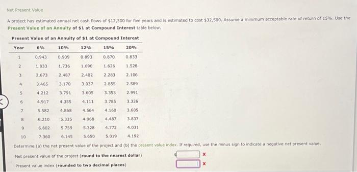  Net Present Value A project has estimated annual net cash flows