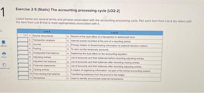  1 Exercise 2-5 (Static) The accounting processing cycle (LO2-2) Listed below