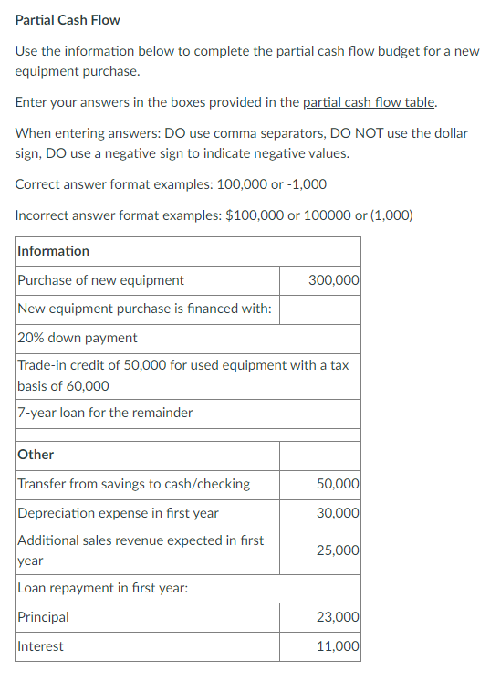  Partial Cash Flow Use the information below to complete the partial