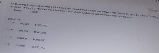 On December 1 Murial Ltd declared a 2 for 1 stock